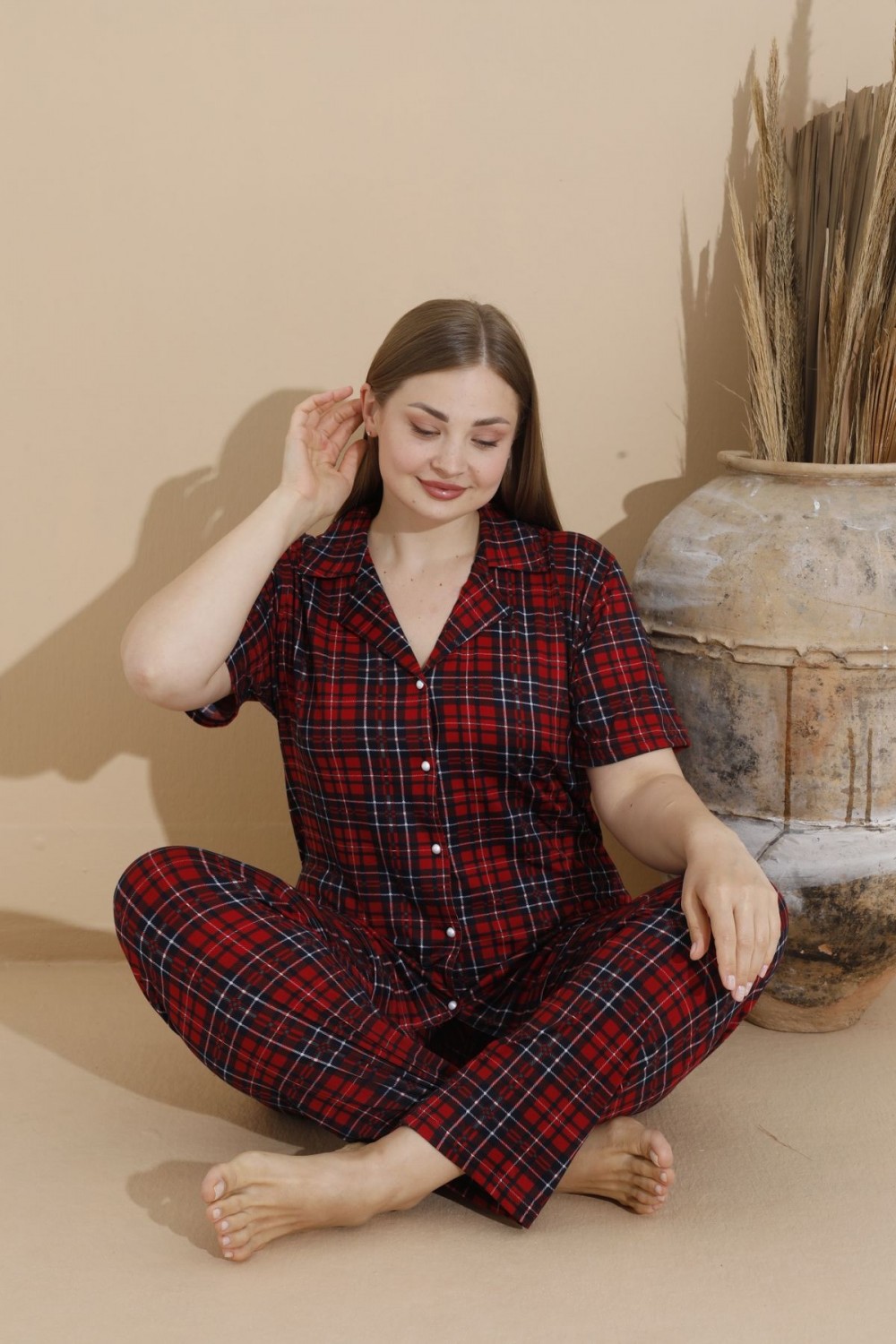 Kadın Battal Milan Kumaş Kısa Kol Gömlek Yaka Büyük Beden Pijama Takımı