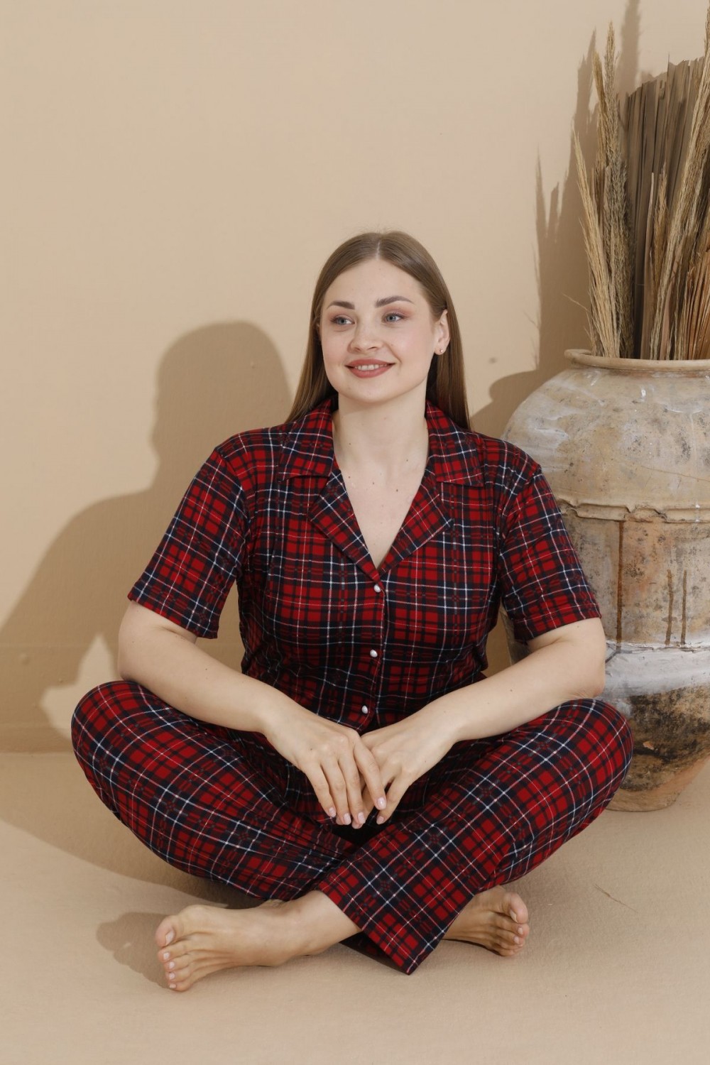 Kadın Battal Milan Kumaş Kısa Kol Gömlek Yaka Büyük Beden Pijama Takımı