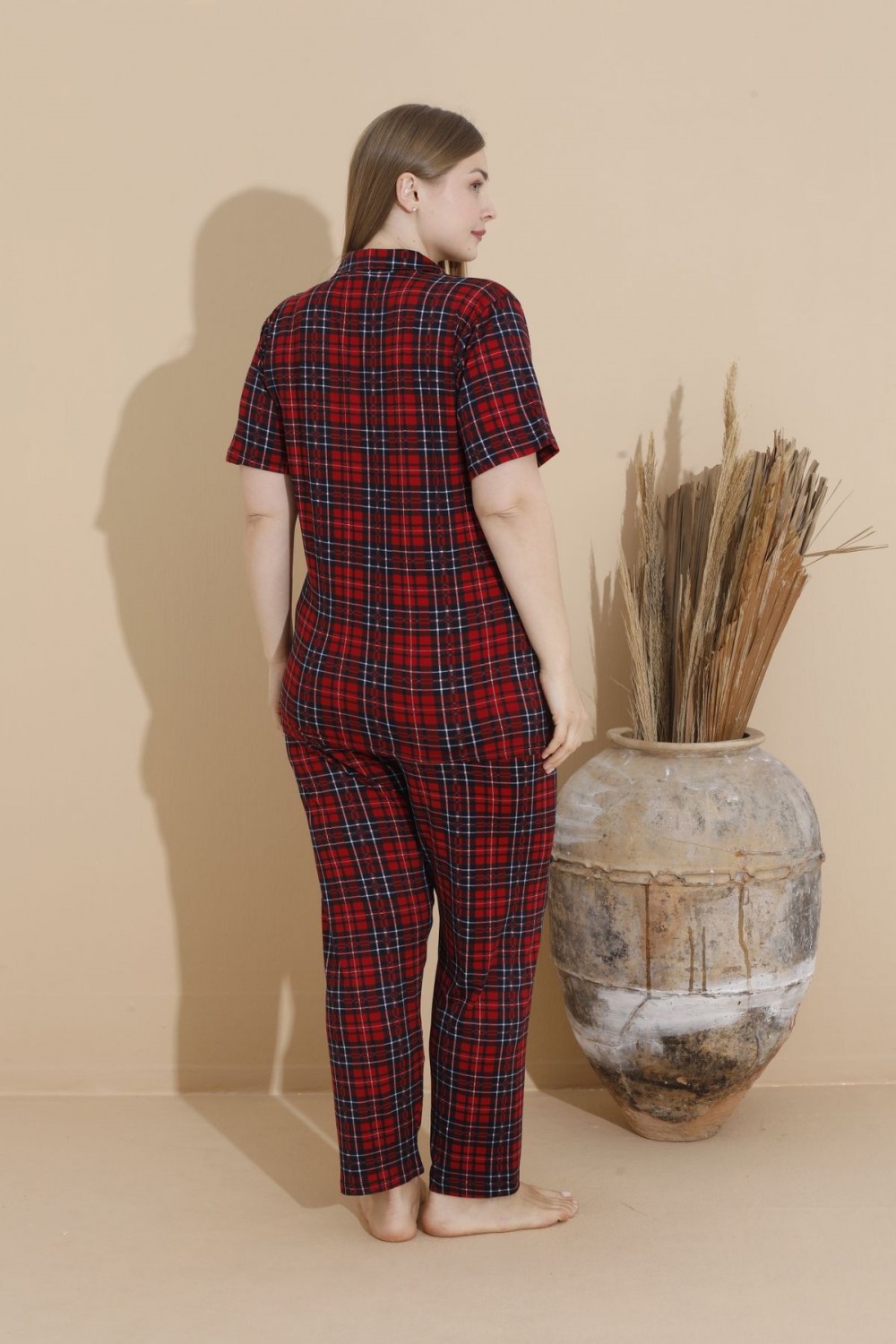 Kadın Battal Milan Kumaş Kısa Kol Gömlek Yaka Büyük Beden Pijama Takımı