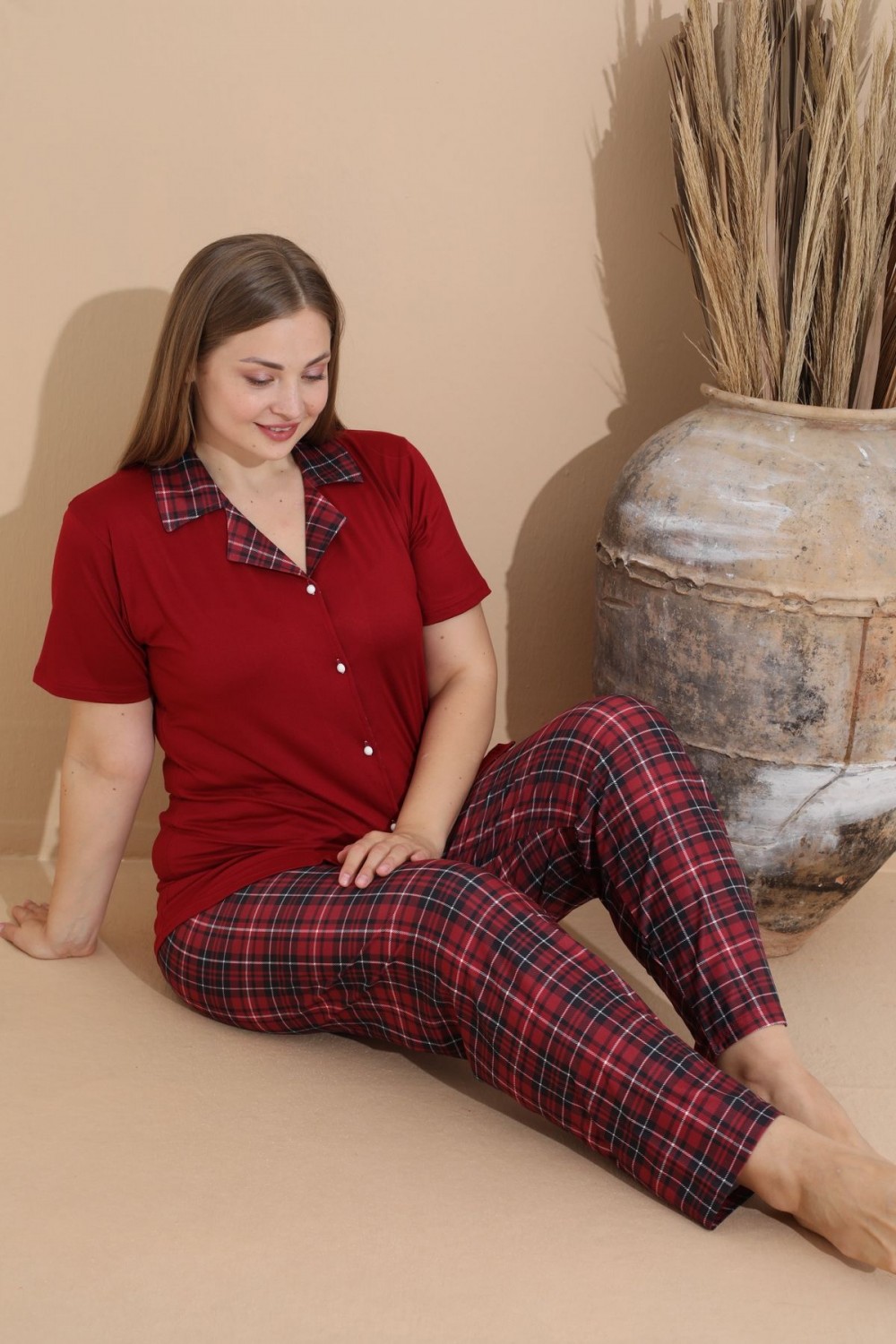 Kadın Battal Milan Kumaş Kısa Kol Gömlek Yaka Büyük Beden Pijama Takımı