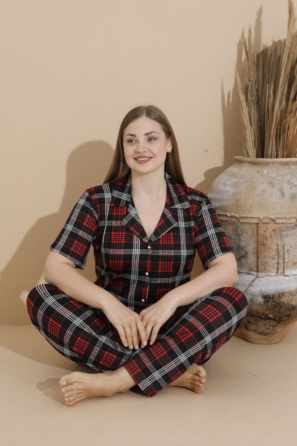 Kadın Battal Milan Kumaş Kısa Kol Gömlek Yaka Büyük Beden Pijama Takımı