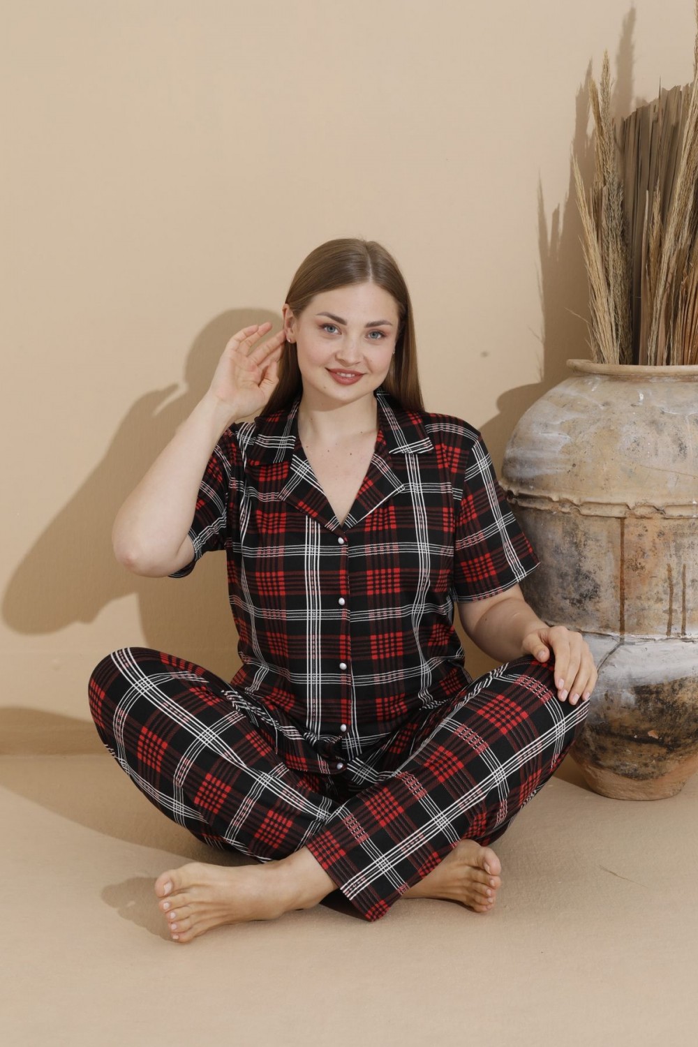 Kadın Battal Milan Kumaş Kısa Kol Gömlek Yaka Büyük Beden Pijama Takımı