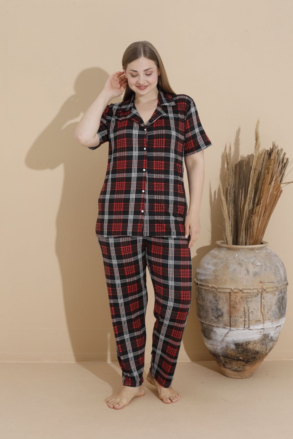 Kadın Battal Milan Kumaş Kısa Kol Gömlek Yaka Büyük Beden Pijama Takımı