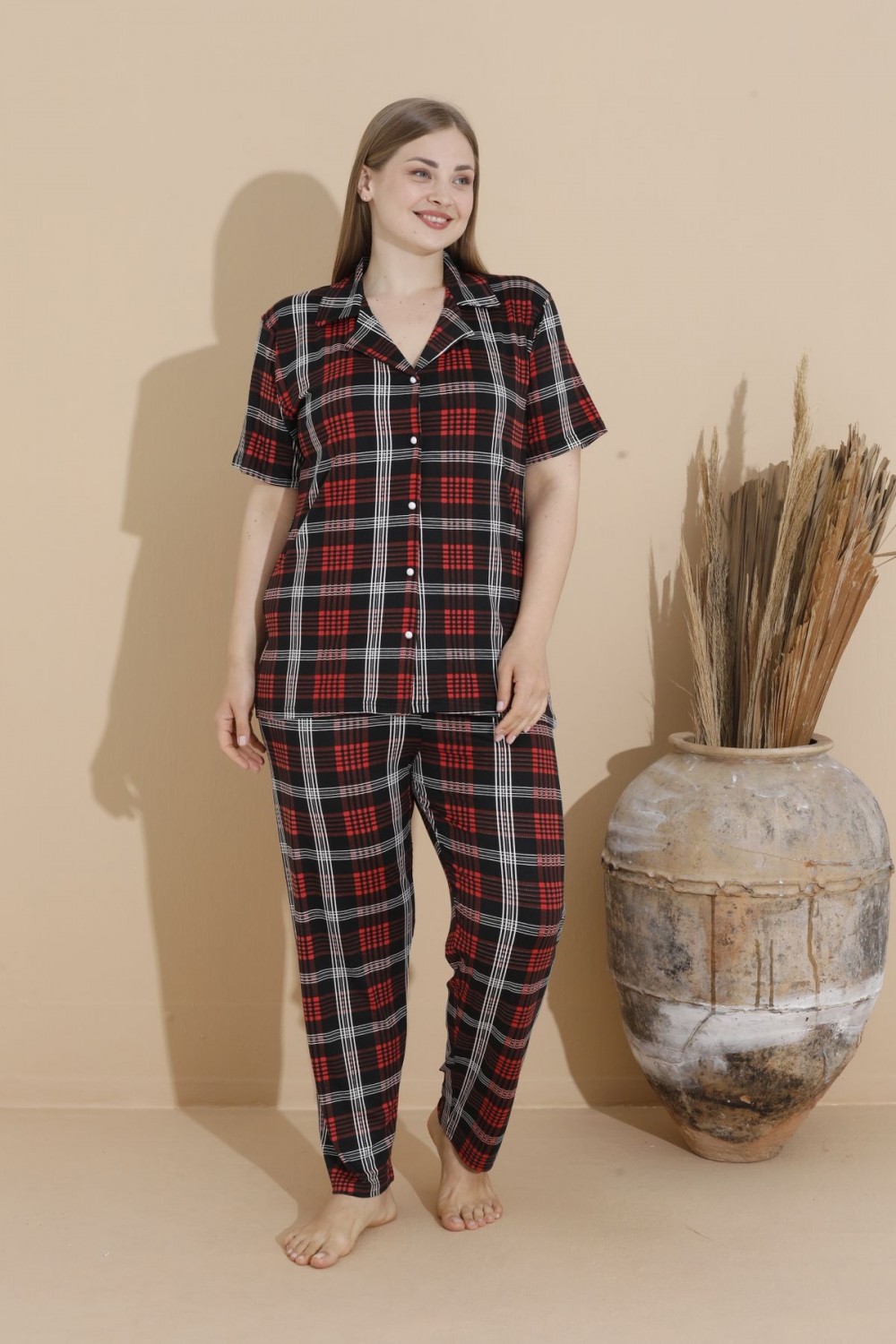 Kadın Battal Milan Kumaş Kısa Kol Gömlek Yaka Büyük Beden Pijama Takımı