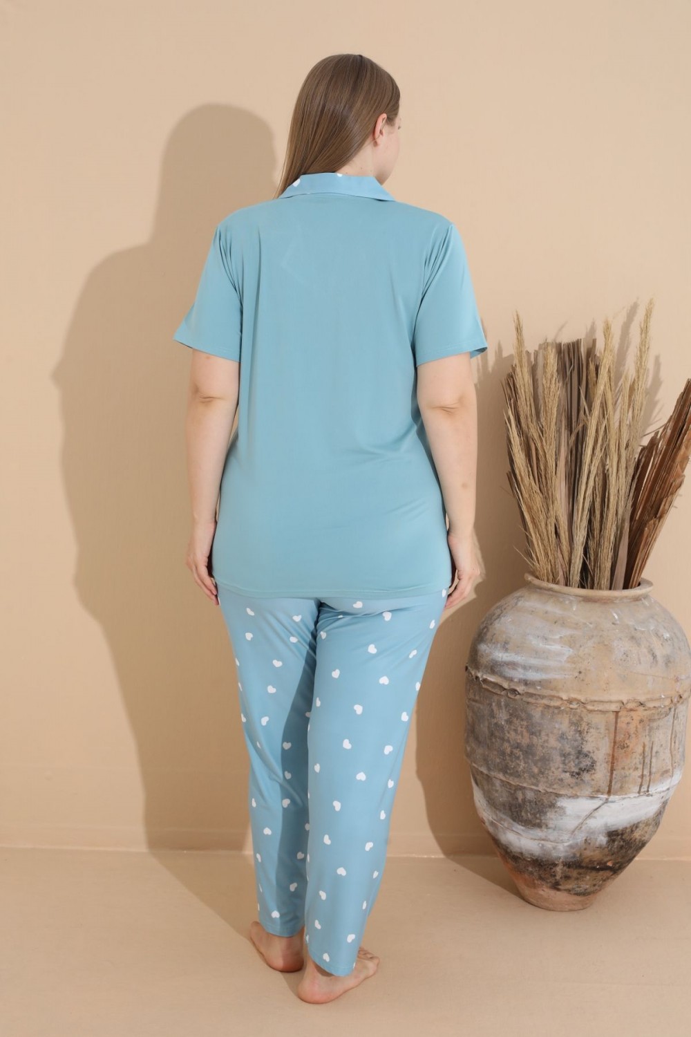 Kadın Battal Milan Kumaş Kısa Kol Gömlek Yaka Büyük Beden Pijama Takımı