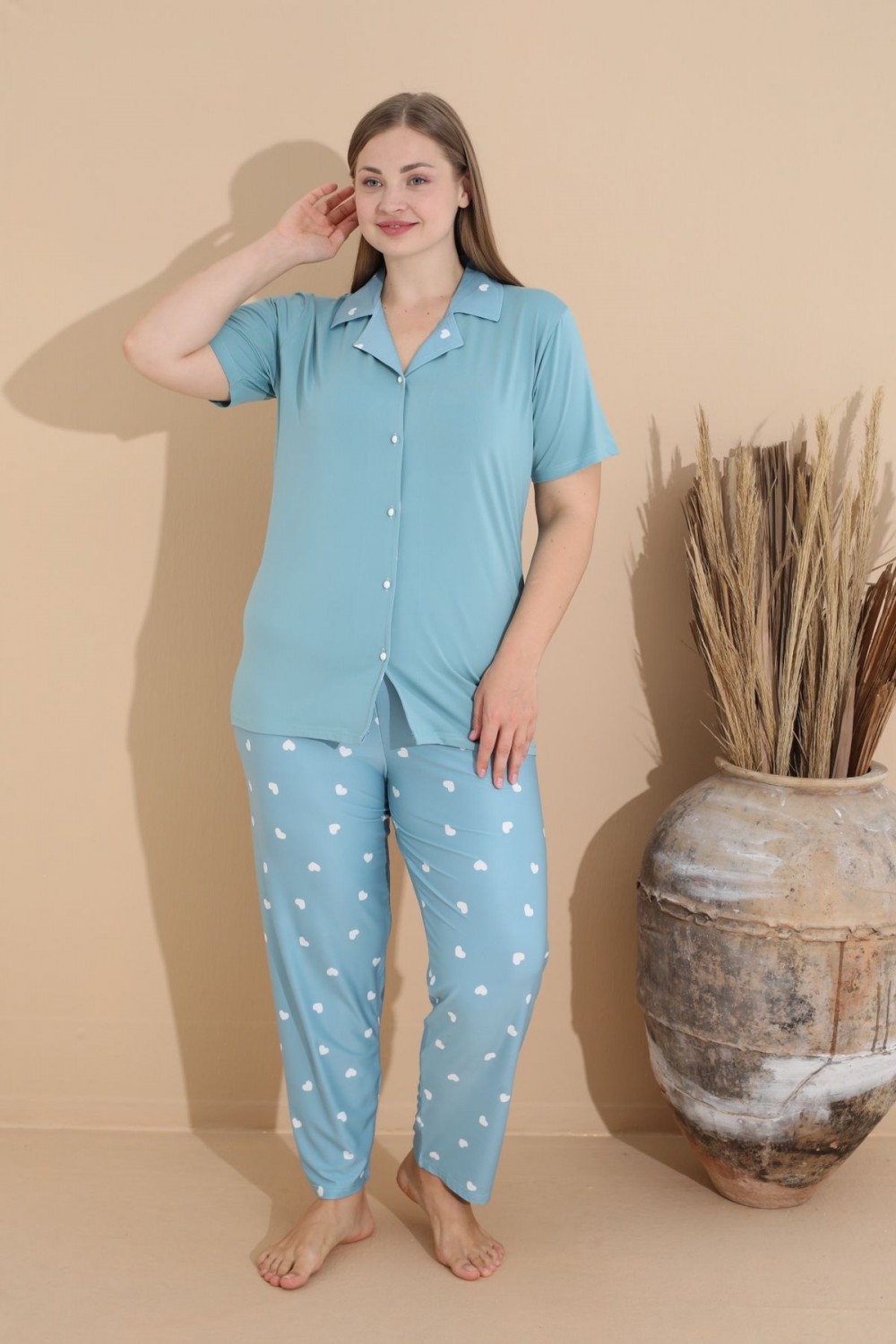 Kadın Battal Milan Kumaş Kısa Kol Gömlek Yaka Büyük Beden Pijama Takımı