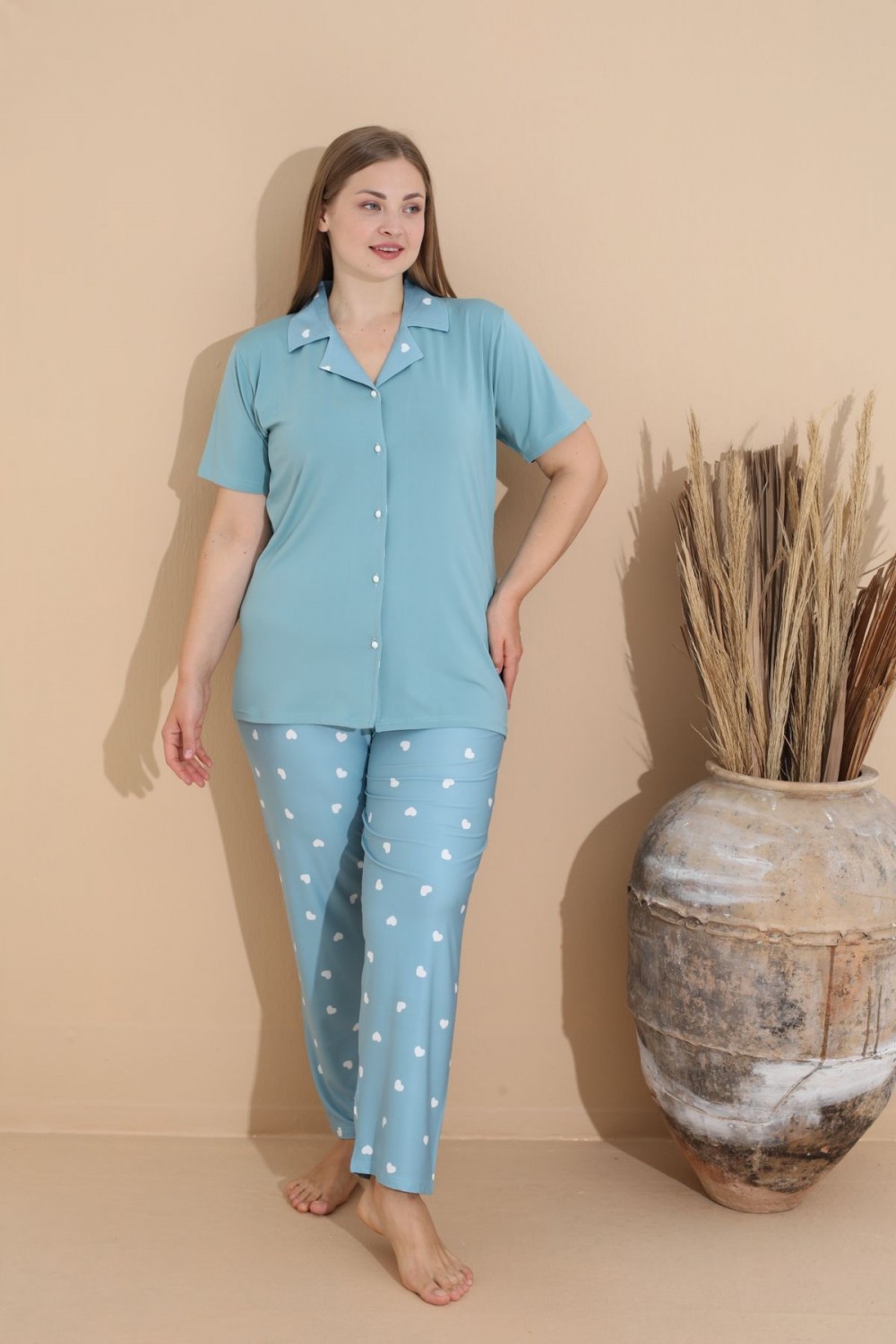 Kadın Battal Milan Kumaş Kısa Kol Gömlek Yaka Büyük Beden Pijama Takımı