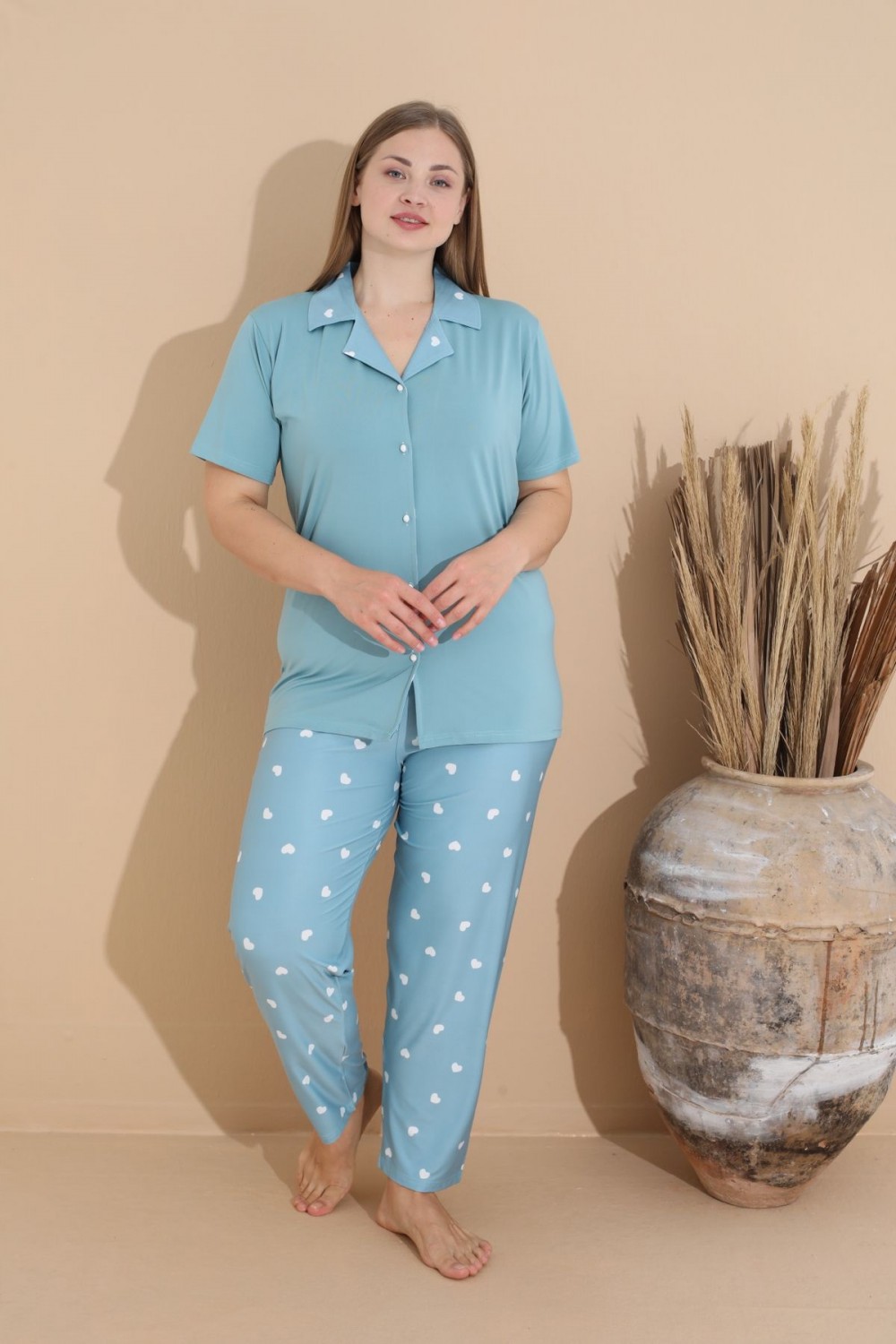 Kadın Battal Milan Kumaş Kısa Kol Gömlek Yaka Büyük Beden Pijama Takımı