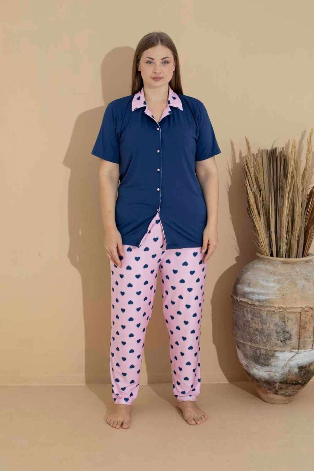 Kadın Battal Milan Kumaş Kısa Kol Gömlek Yaka Büyük Beden Pijama Takımı