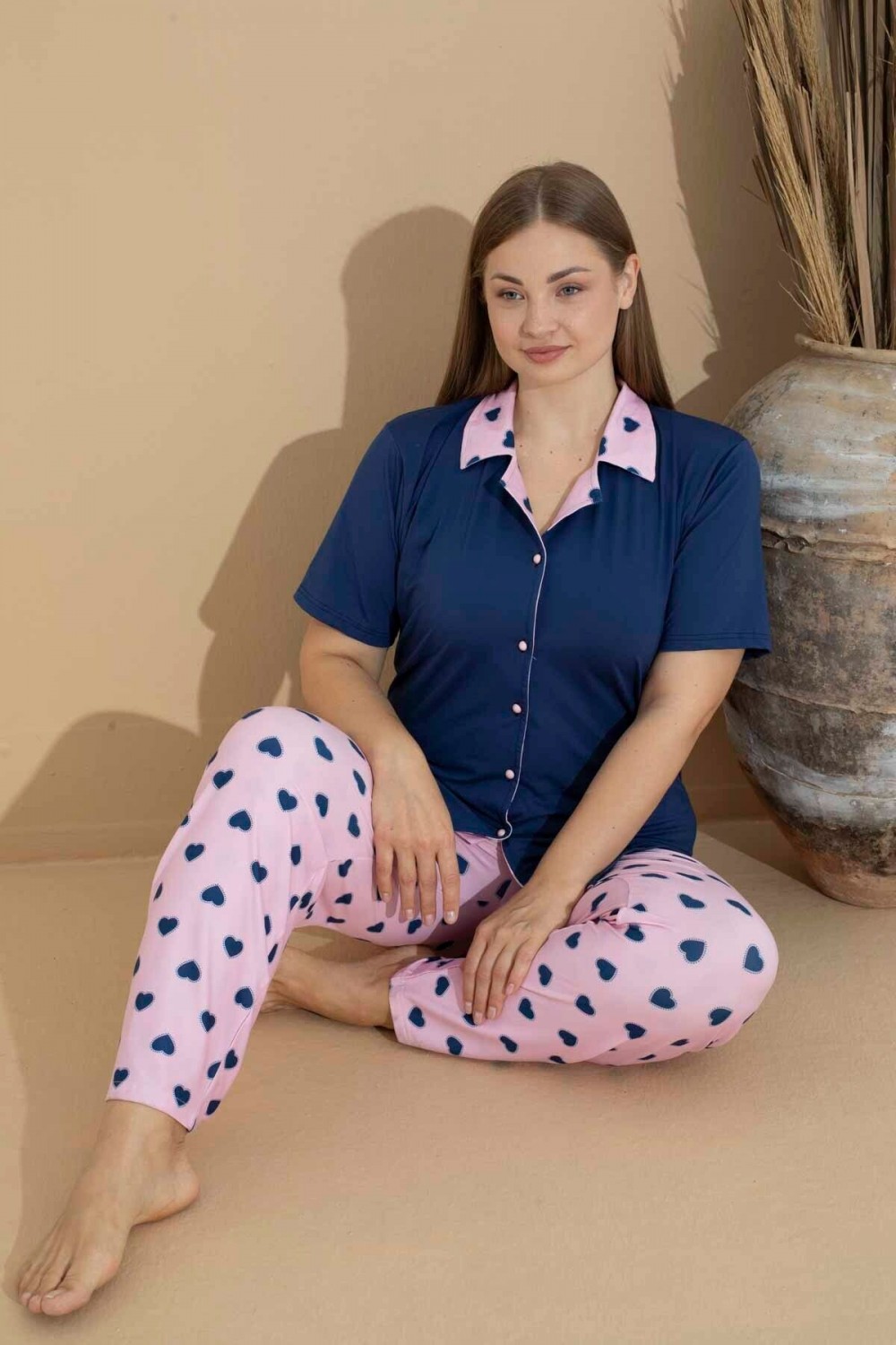 Kadın Battal Milan Kumaş Kısa Kol Gömlek Yaka Büyük Beden Pijama Takımı