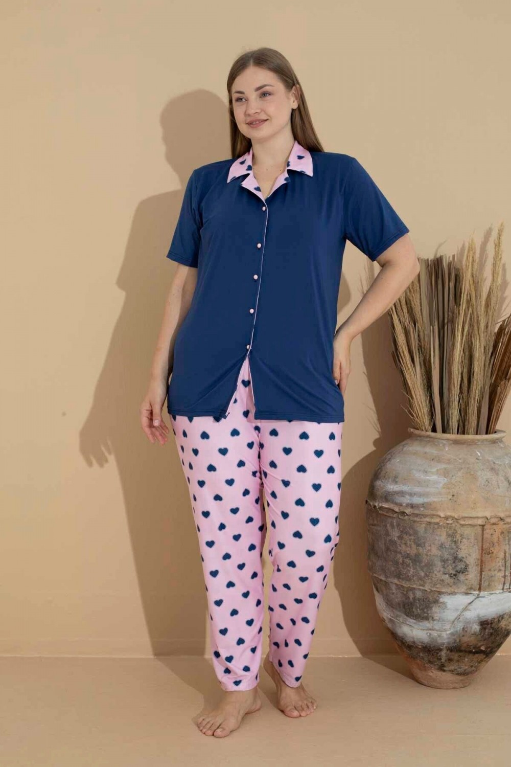 Kadın Battal Milan Kumaş Kısa Kol Gömlek Yaka Büyük Beden Pijama Takımı