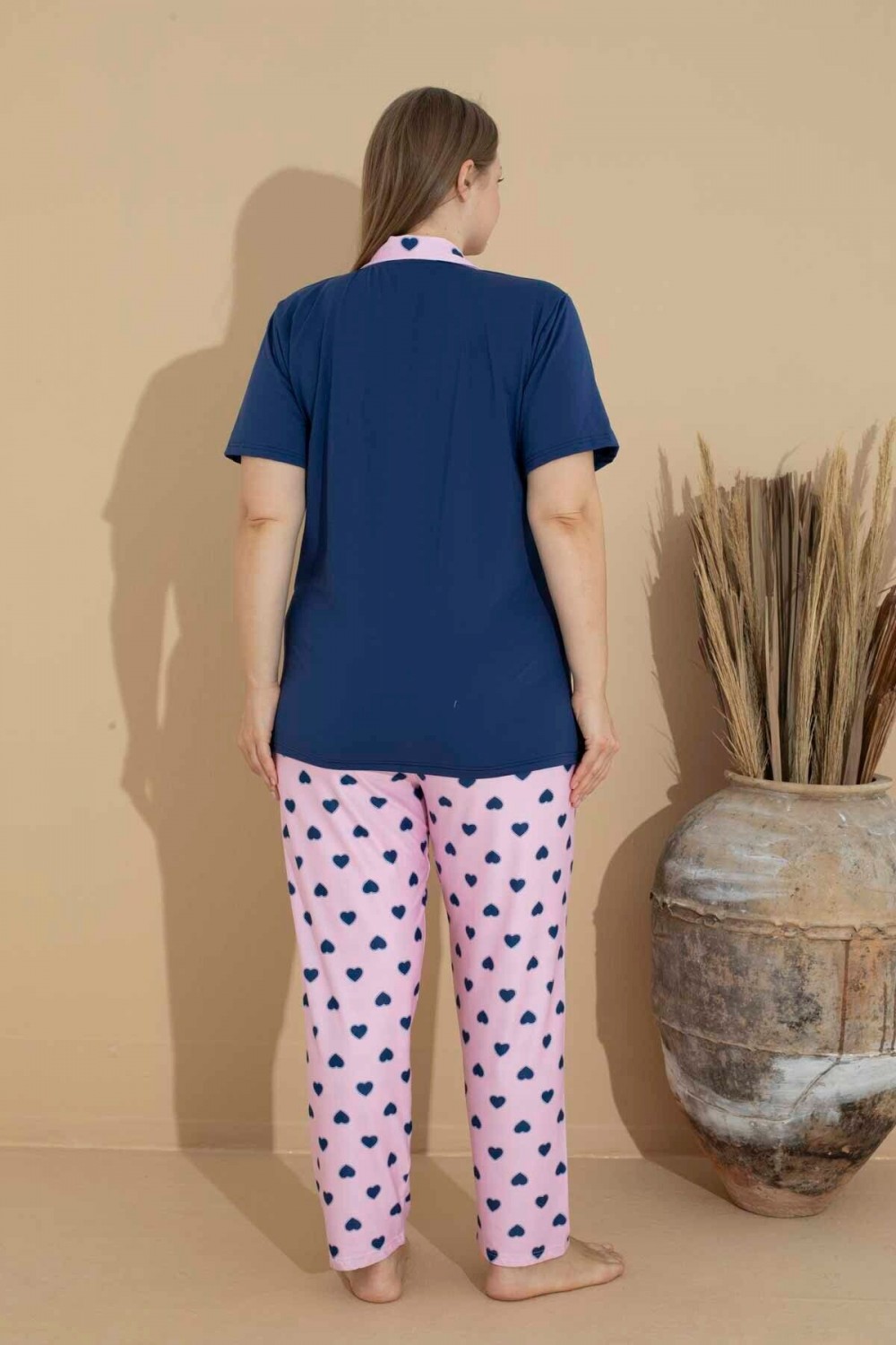 Kadın Battal Milan Kumaş Kısa Kol Gömlek Yaka Büyük Beden Pijama Takımı