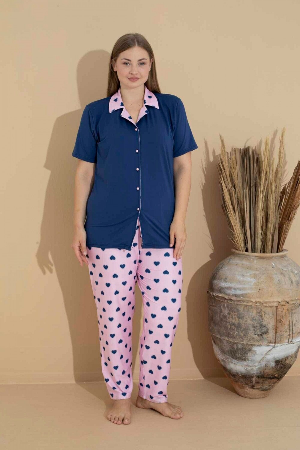 Kadın Battal Milan Kumaş Kısa Kol Gömlek Yaka Büyük Beden Pijama Takımı