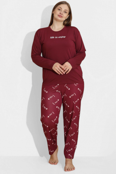 Kadın Battal Milan Kumaş Pijama Takımı Büyük Beden Uzun Kol BORDO-4XL