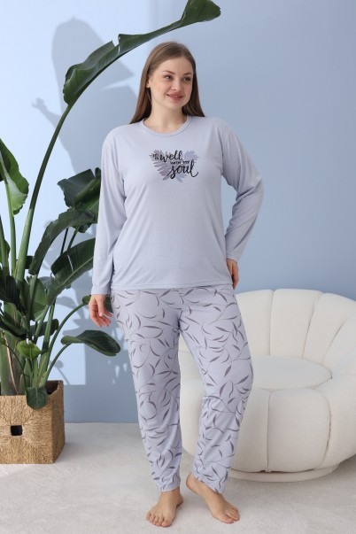 Kadın Battal Milan Kumaş Pijama Takımı Büyük Beden Uzun Kol GRİ-4XL
