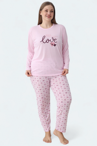 Kadın Battal Milan Kumaş Pijama Takımı Büyük Beden Uzun Kol PEMBE-3XL