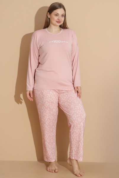 Kadın Battal Milan Kumaş Pijama Takımı Büyük Beden Uzun Kol PUDRA-5XL