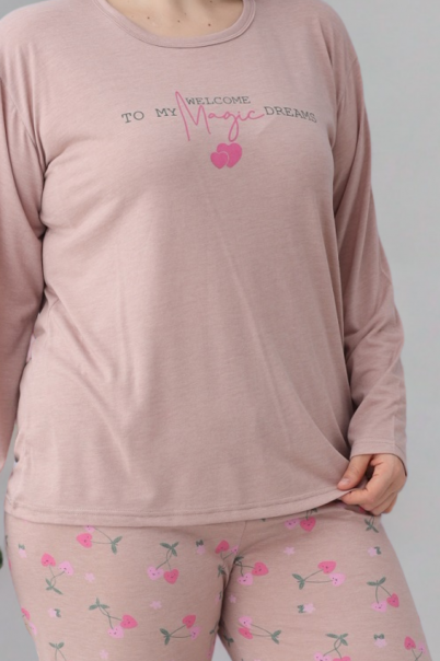 Kadın Battal Milan Kumaş Pijama Takımı Büyük Beden Uzun Kol