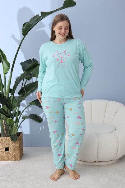 Kadın Battal Milan Kumaş Pijama Takımı Büyük Beden Uzun Kol TURKUAZ-4XL