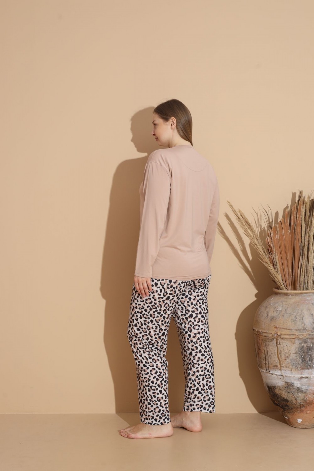 Kadın Battal Milan Kumaş Pijama Takımı Büyük Beden Uzun Kol