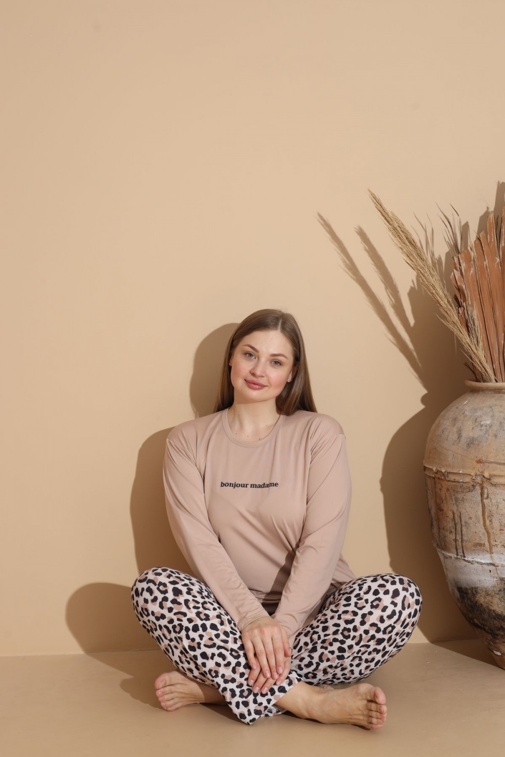 Kadın Battal Milan Kumaş Pijama Takımı Büyük Beden Uzun Kol