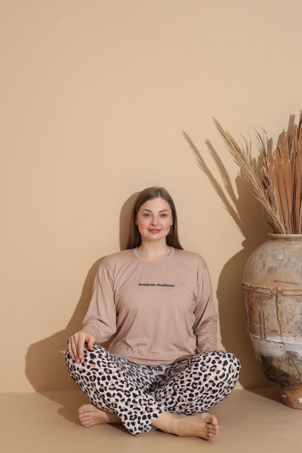 Kadın Battal Milan Kumaş Pijama Takımı Büyük Beden Uzun Kol