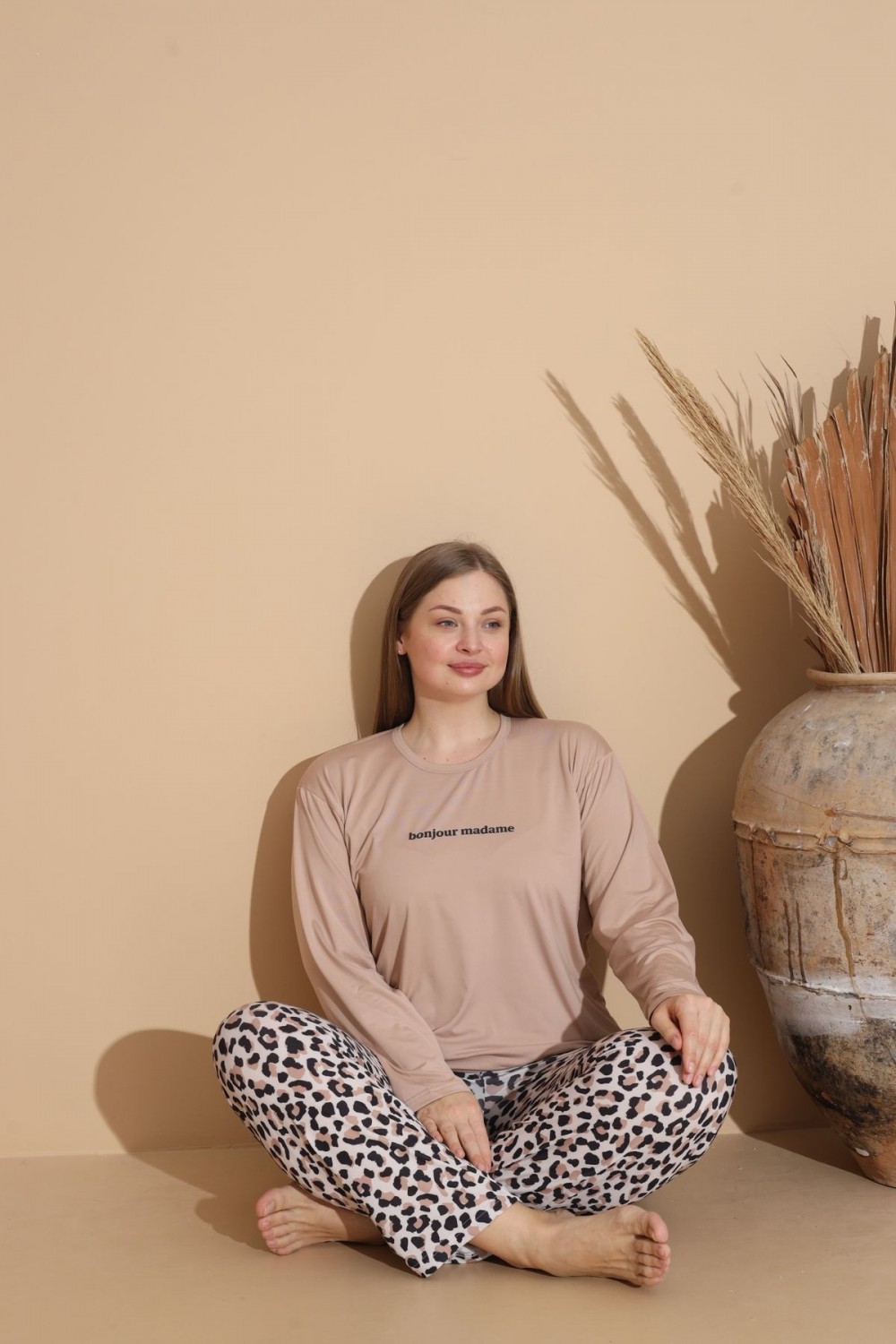 Kadın Battal Milan Kumaş Pijama Takımı Büyük Beden Uzun Kol