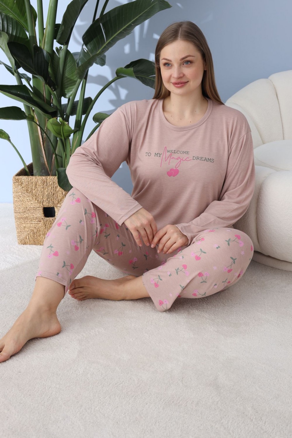 Kadın Battal Milan Kumaş Pijama Takımı Büyük Beden Uzun Kol