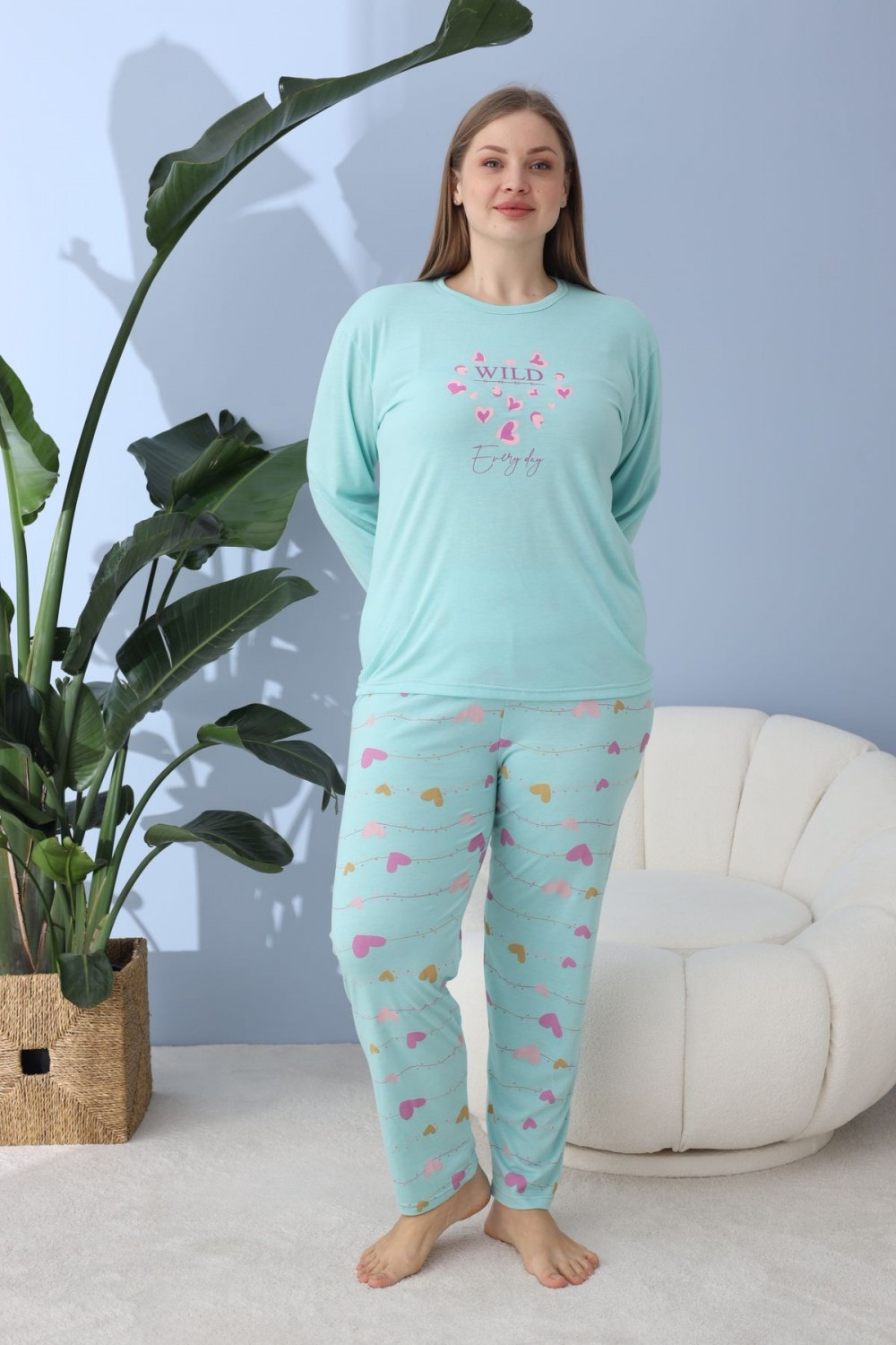 Kadın Battal Milan Kumaş Pijama Takımı Büyük Beden Uzun Kol