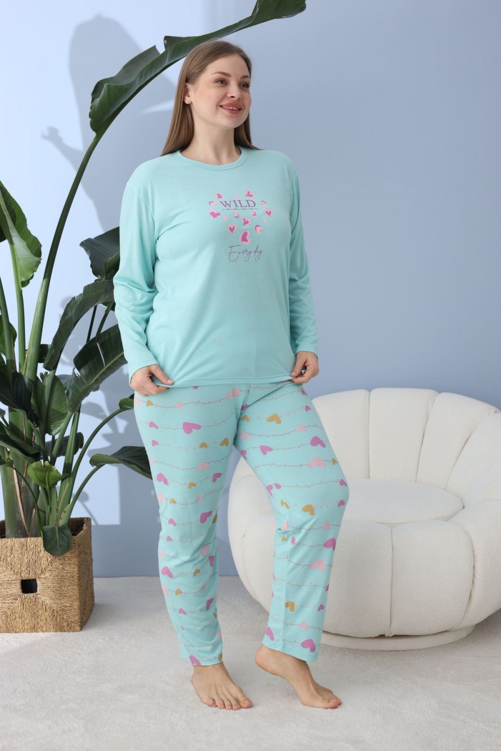 Kadın Battal Milan Kumaş Pijama Takımı Büyük Beden Uzun Kol