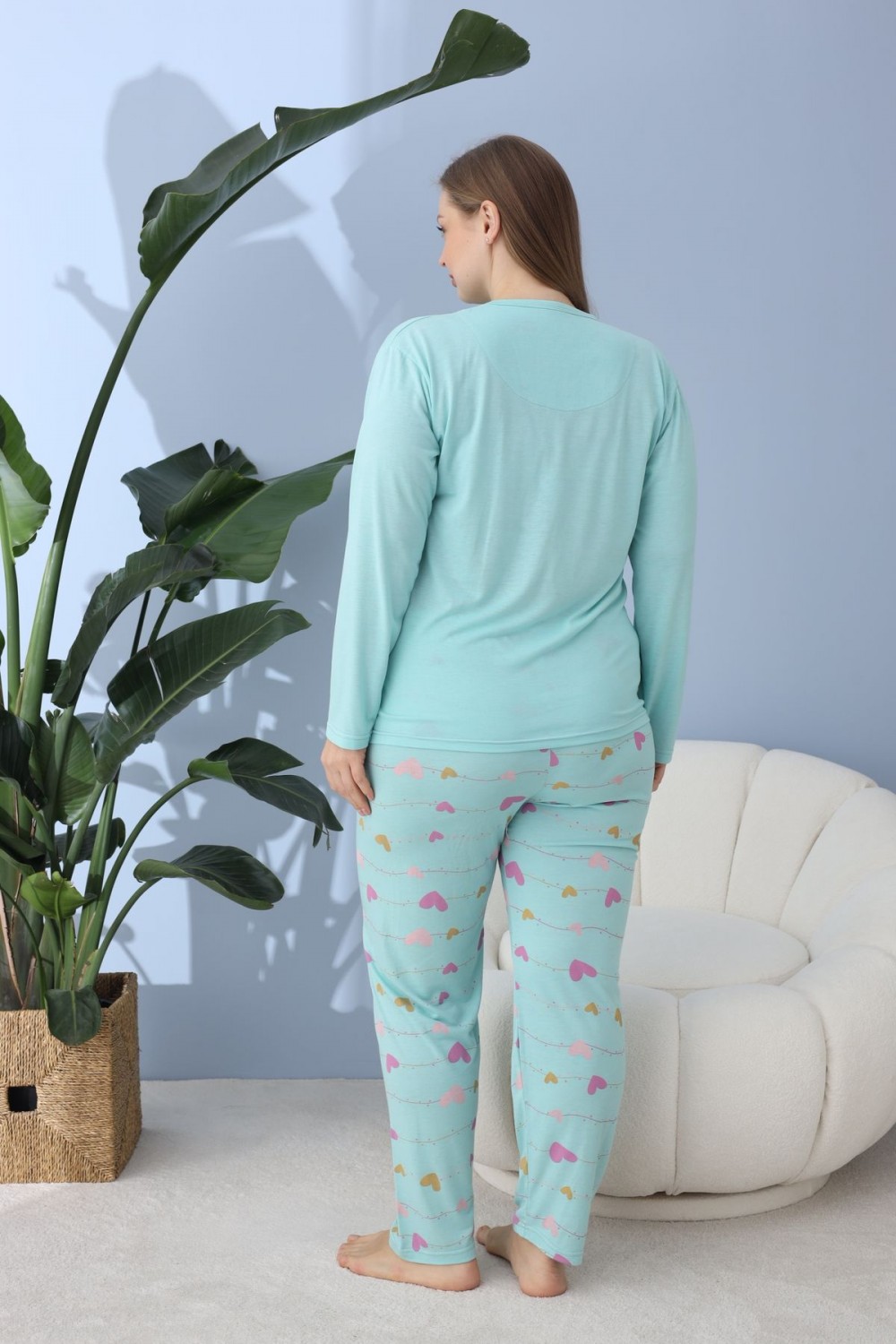 Kadın Battal Milan Kumaş Pijama Takımı Büyük Beden Uzun Kol