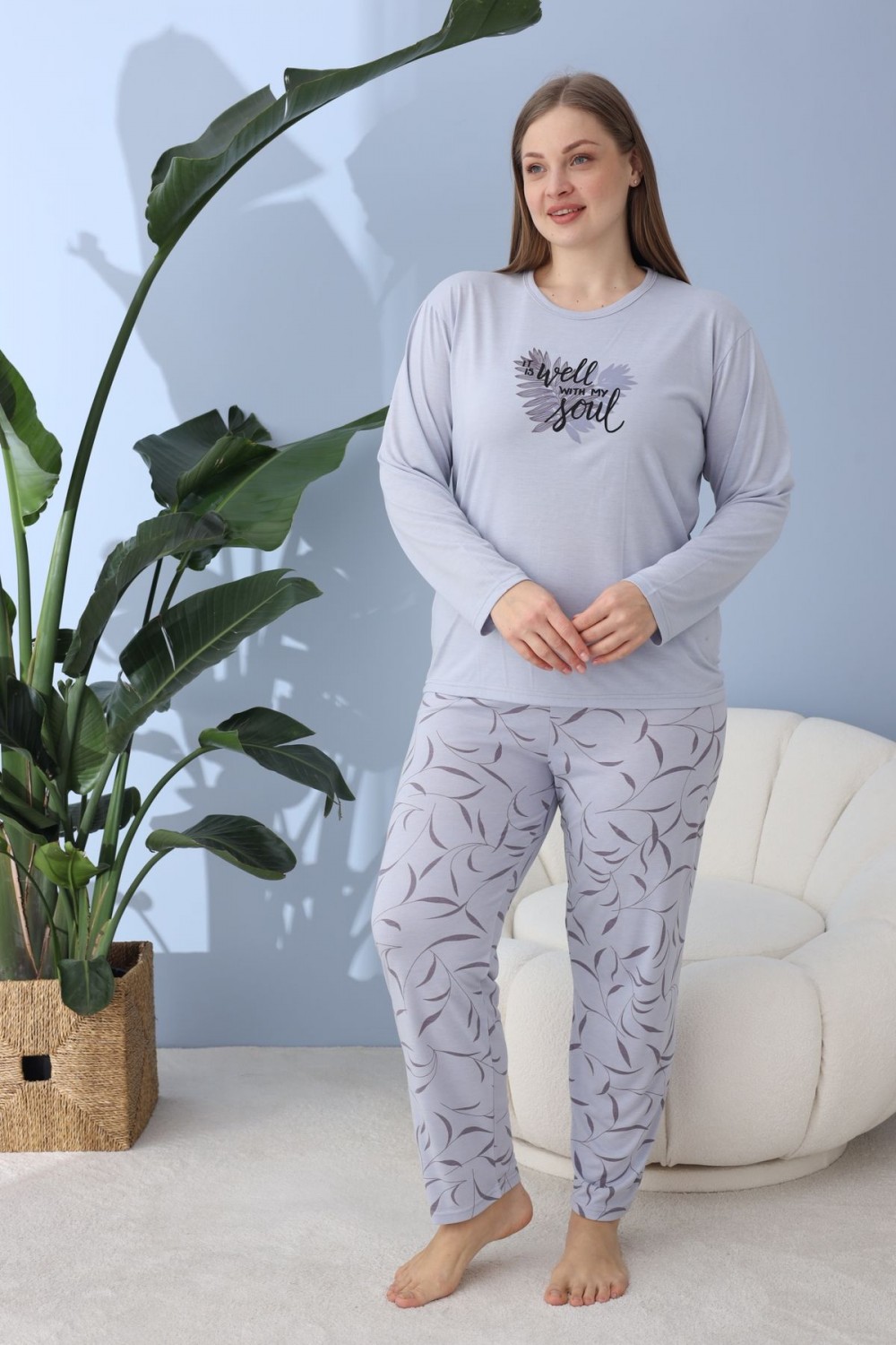 Kadın Battal Milan Kumaş Pijama Takımı Büyük Beden Uzun Kol