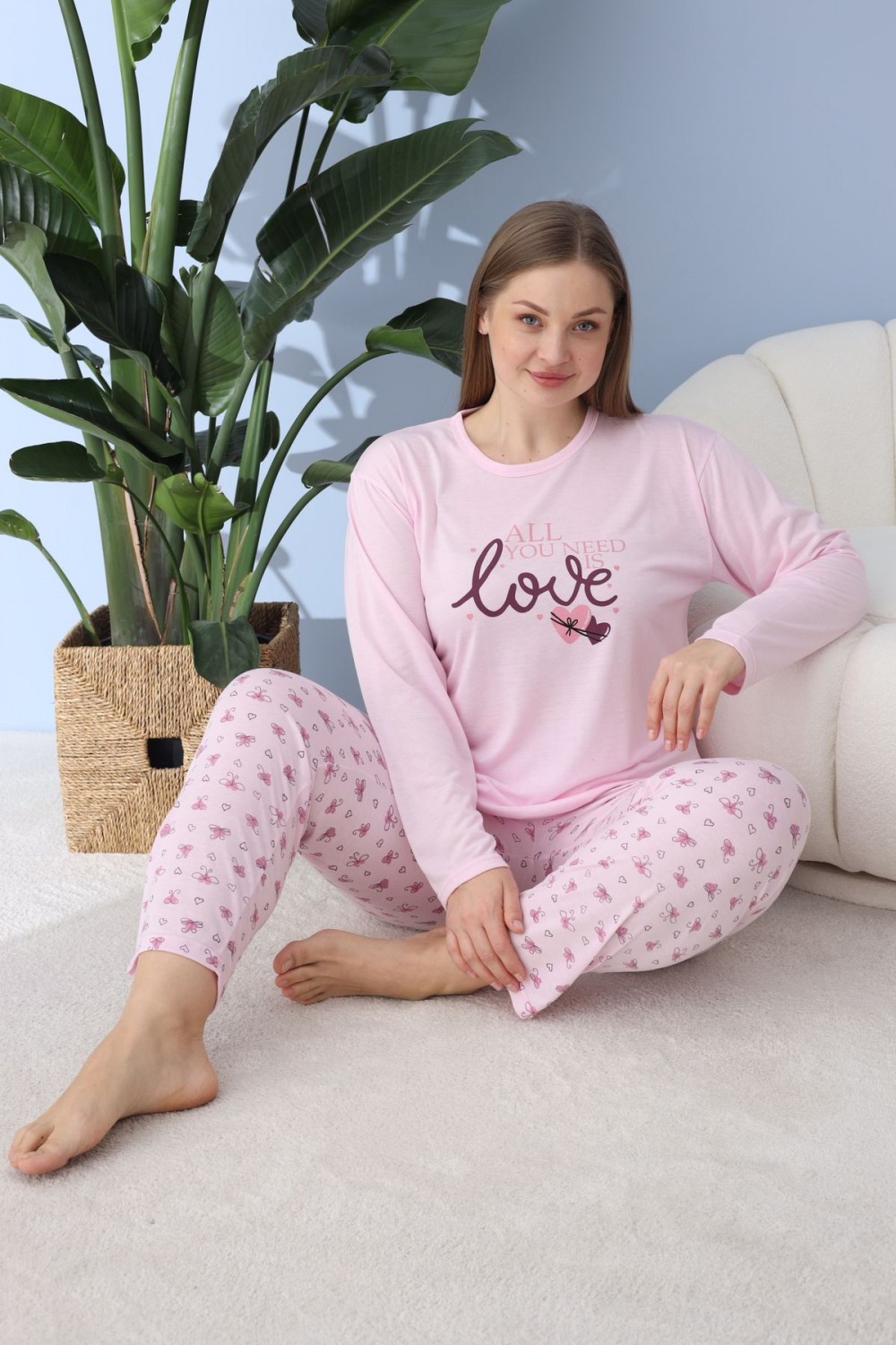 Kadın Battal Milan Kumaş Pijama Takımı Büyük Beden Uzun Kol