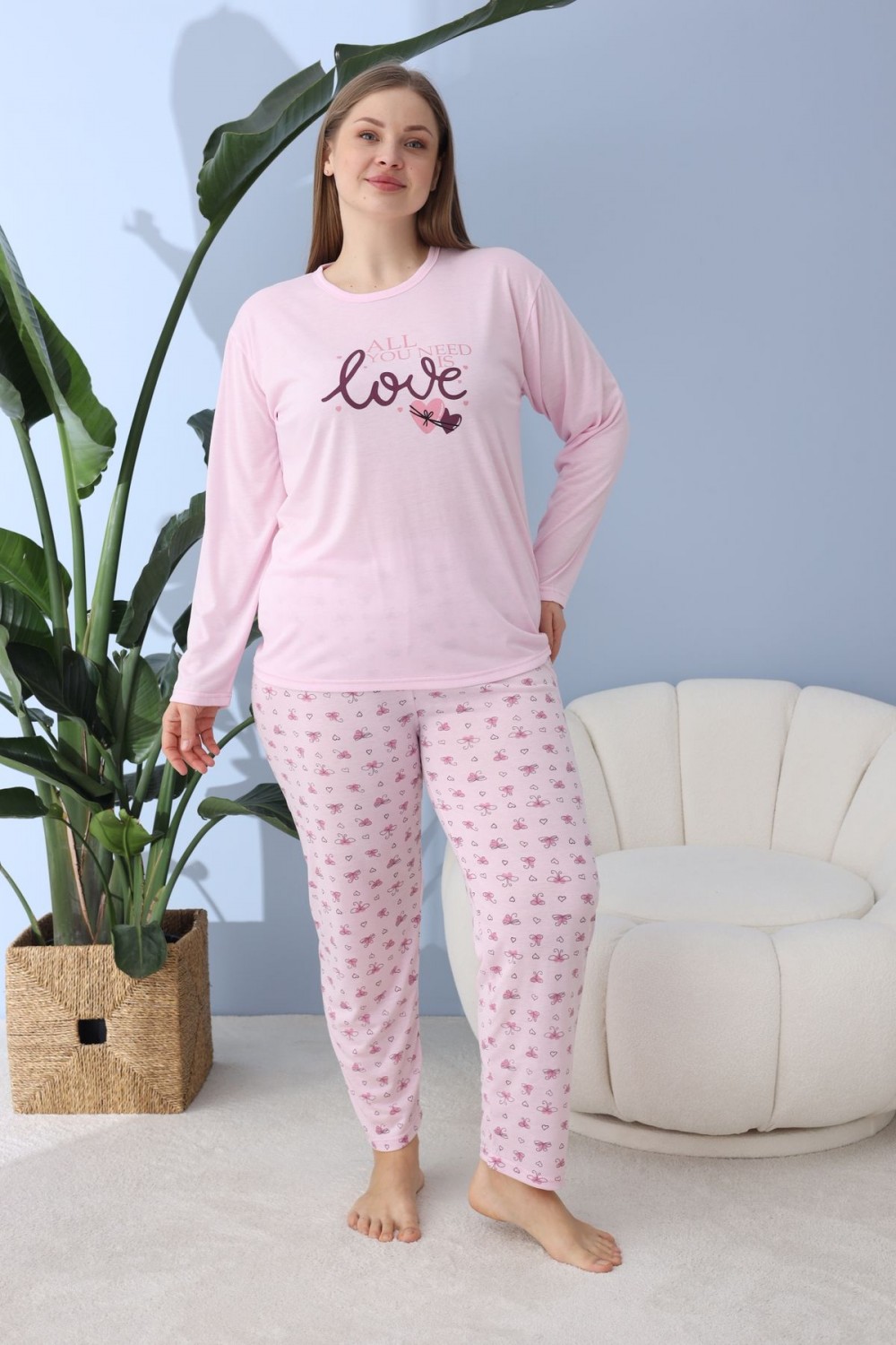 Kadın Battal Milan Kumaş Pijama Takımı Büyük Beden Uzun Kol