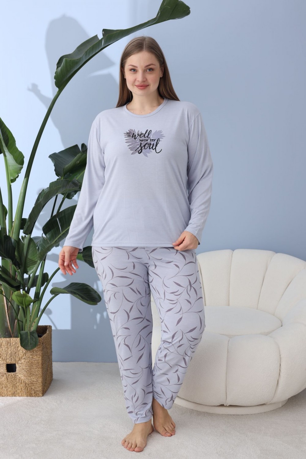 Kadın Battal Milan Kumaş Pijama Takımı Büyük Beden Uzun Kol