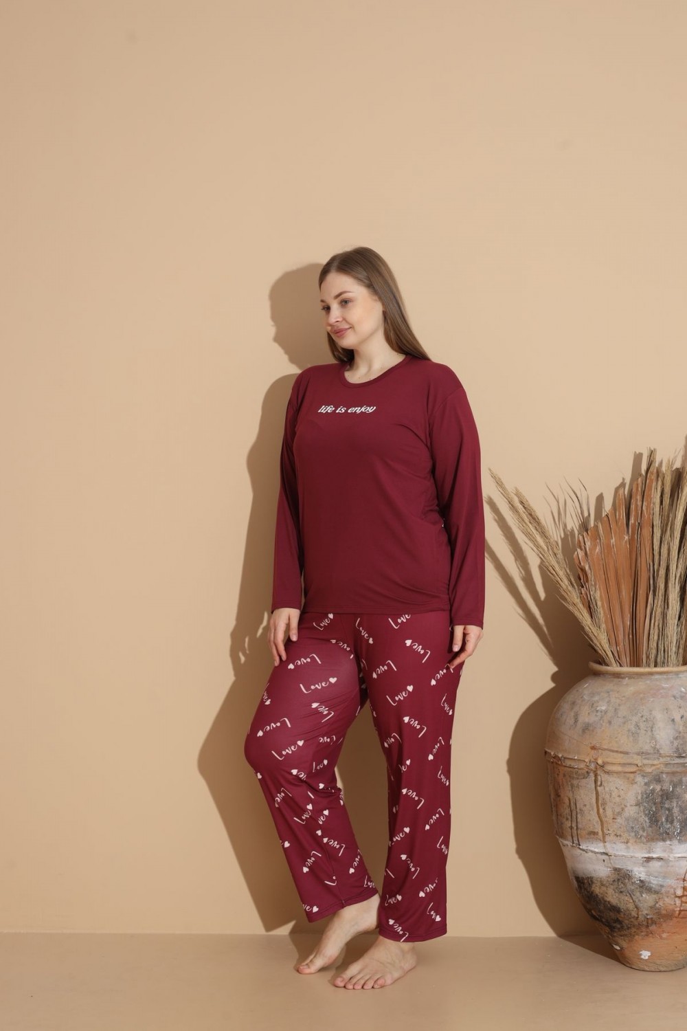 Kadın Battal Milan Kumaş Pijama Takımı Büyük Beden Uzun Kol