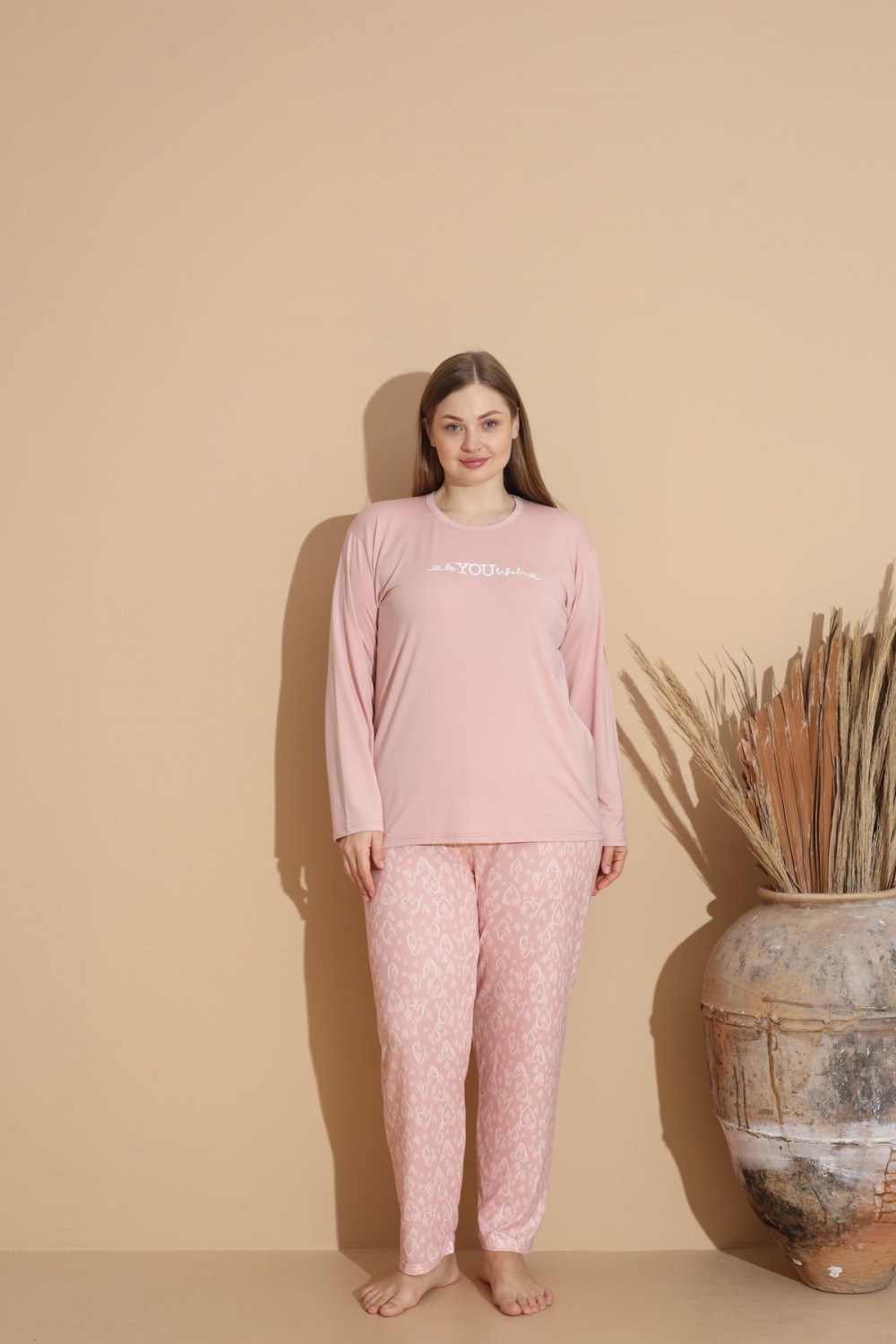 Kadın Battal Milan Kumaş Pijama Takımı Büyük Beden Uzun Kol