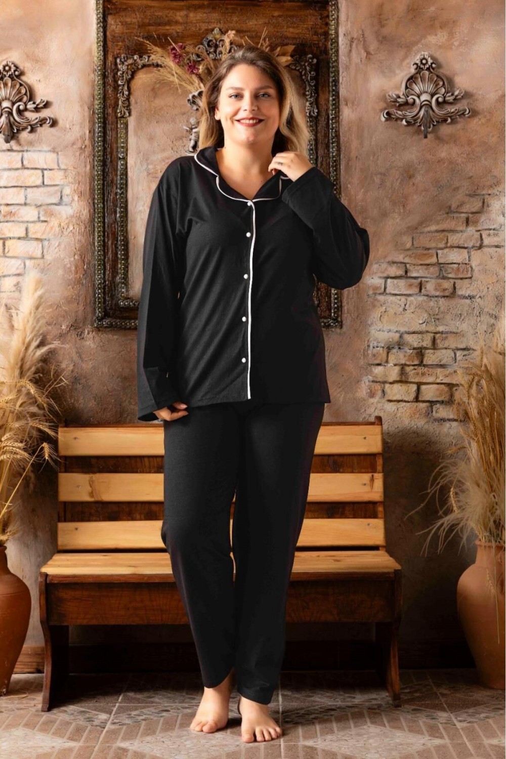 Kadın Battal Önden Düğmeli Büyük Beden Uzun Kol Gömlek Pijama Takımı