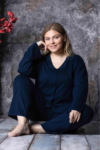 Kadın Battal Önden Düğmeli Büyük Beden Uzun Kol Gömlek Pijama Takımı