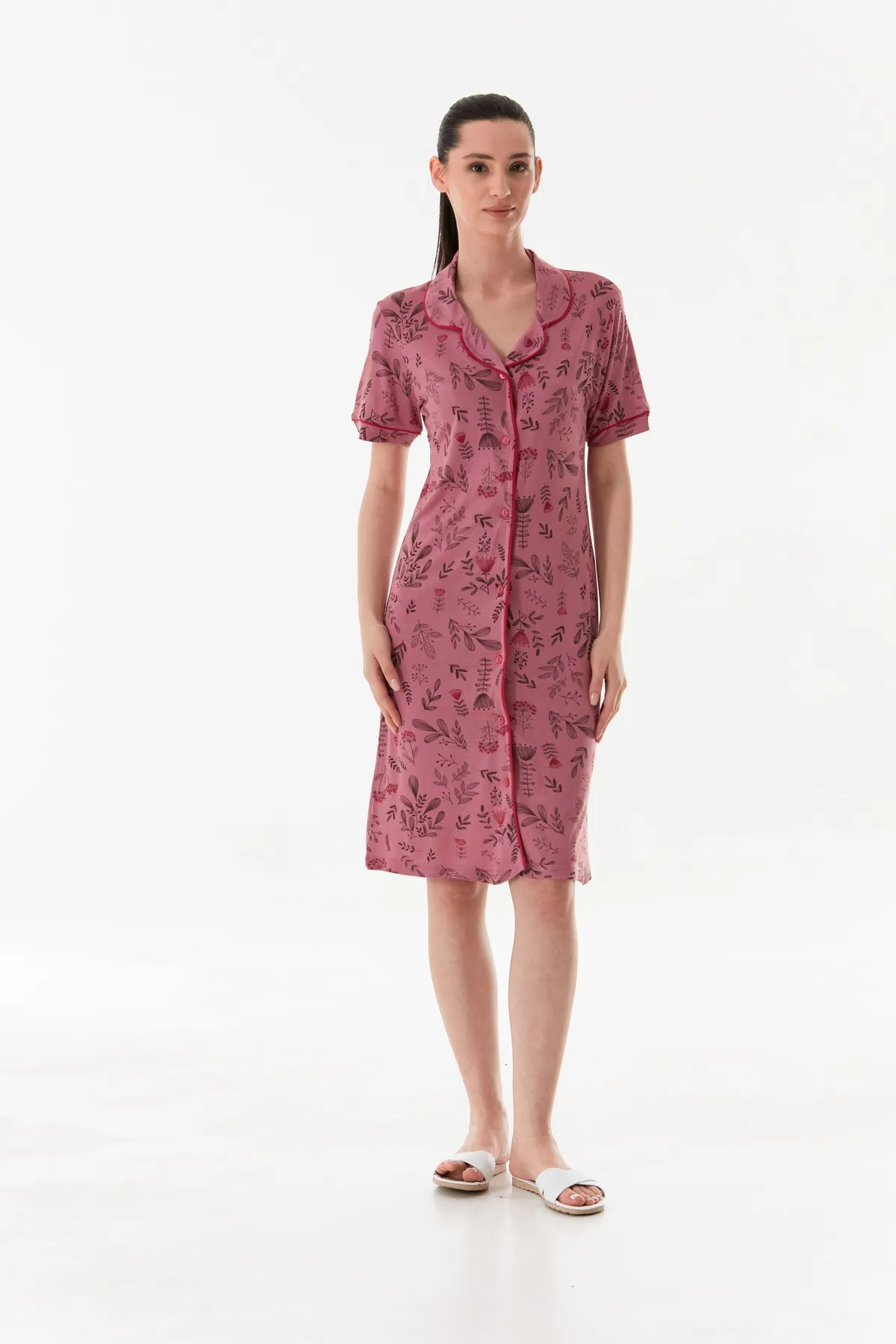 Kadın Boydan Düğmeli Viskon Kumaş Gecelik Elbise ( Uyku bandı Hediyeli ) GÜL KURUSU-L