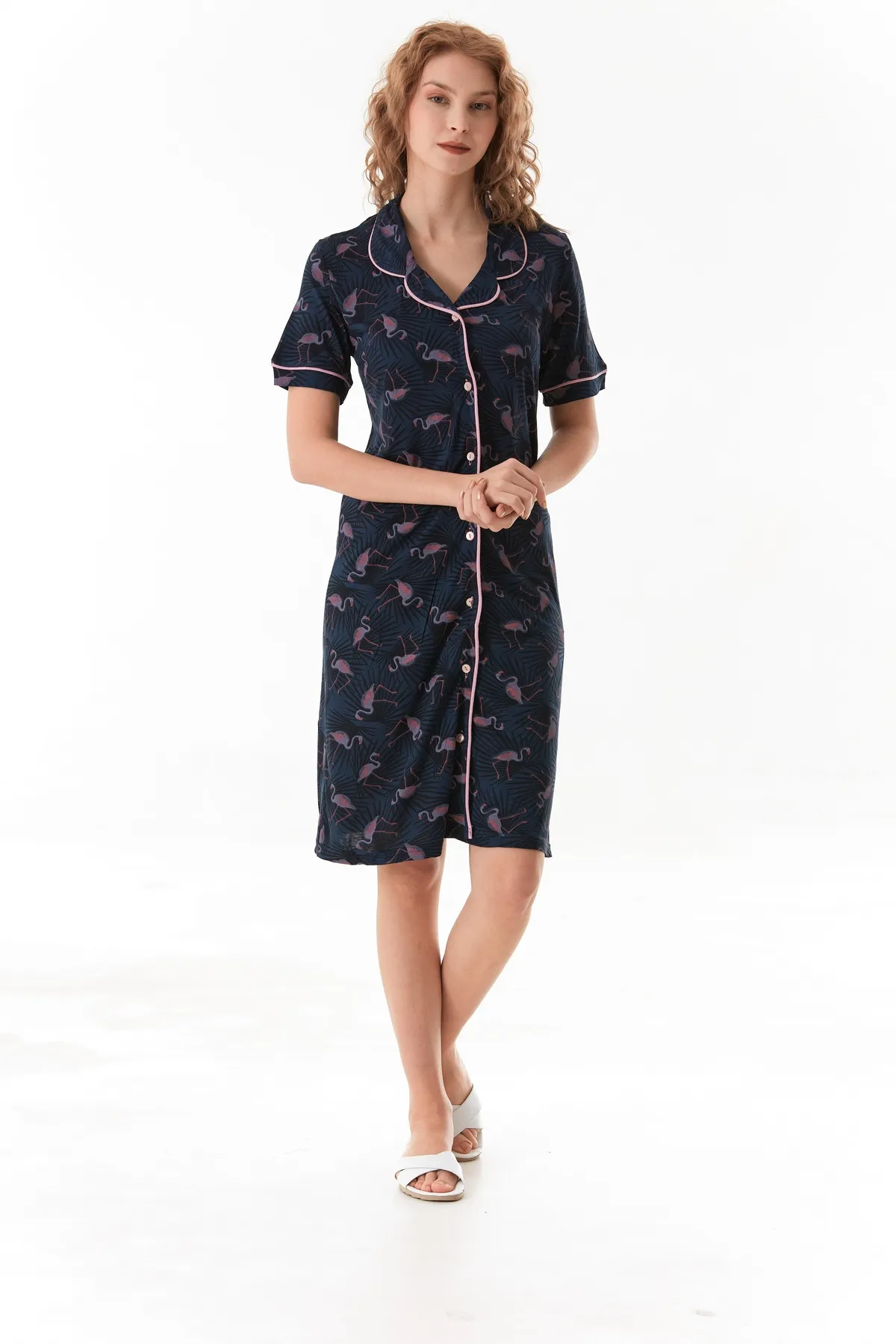 Kadın Boydan Düğmeli Viskon Kumaş Gecelik Elbise ( Uyku bandı Hediyeli ) LACİVERT-L