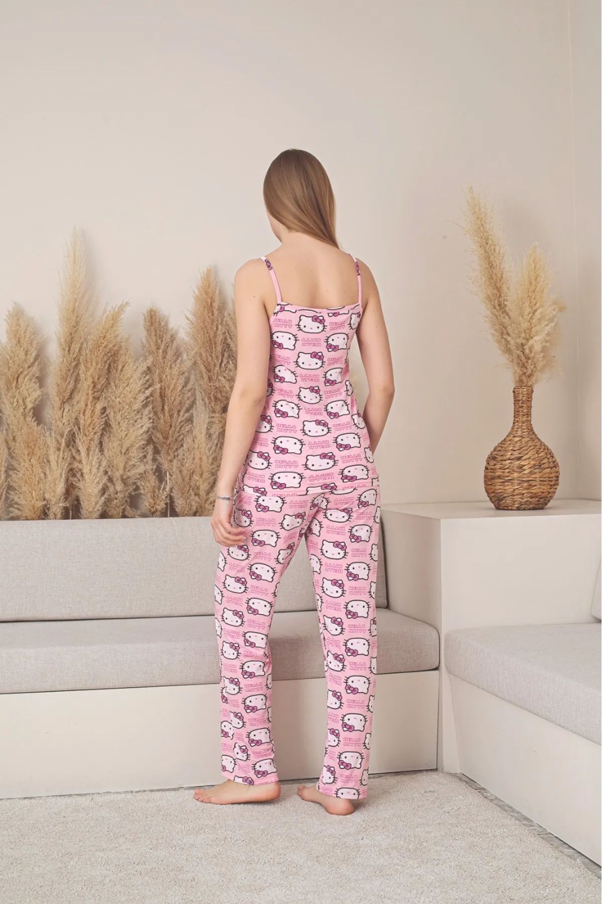 Kadın İp Askılı Bambu Kumaş Pijama Takımı YENİ SEZON PEMBE-M