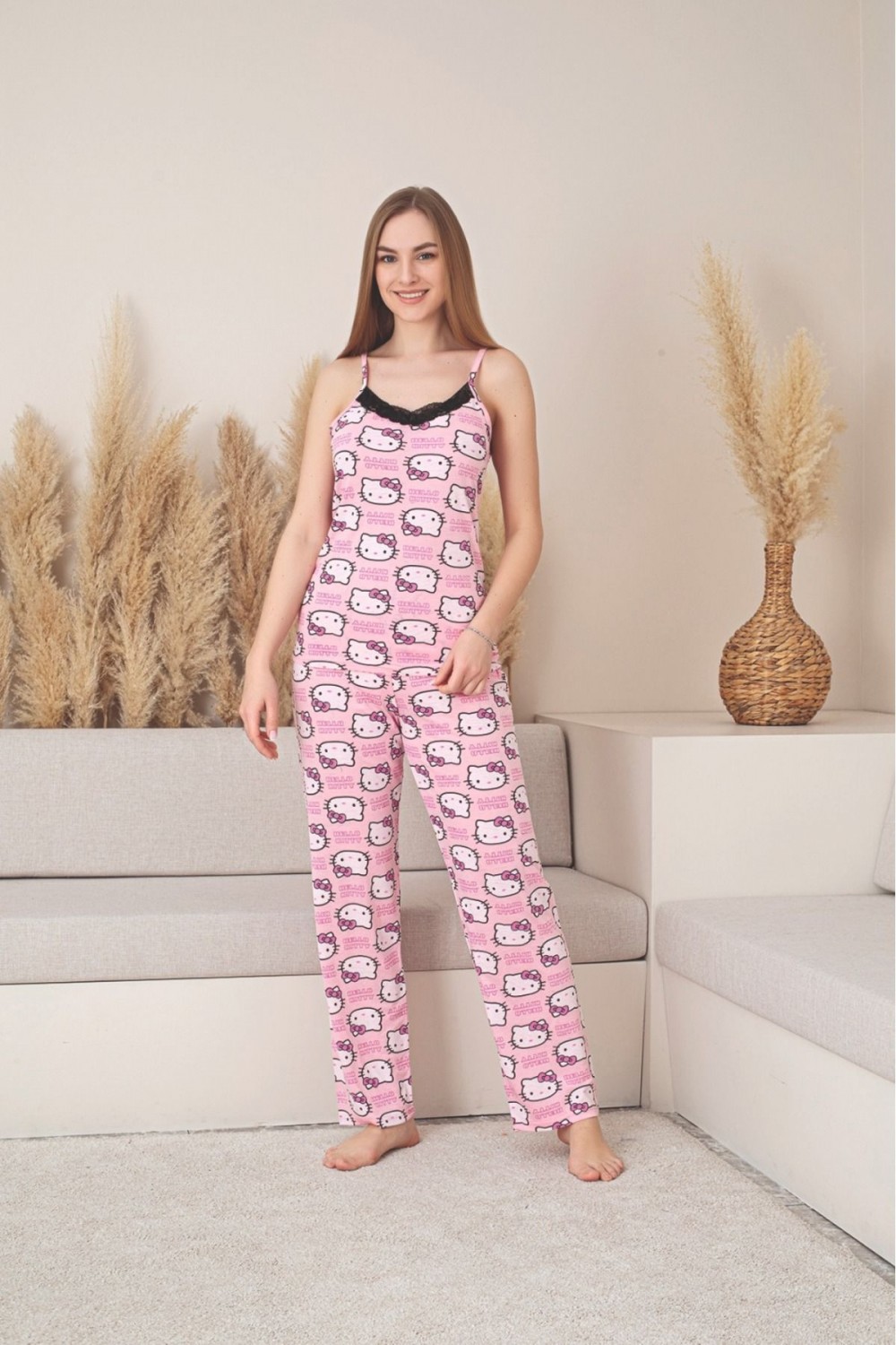 Kadın İp Askılı Bambu Kumaş Pijama Takımı YENİ SEZON