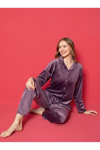 Kadın Kadife Önden Düğmeli Pijama Takımı YENİ SEZON