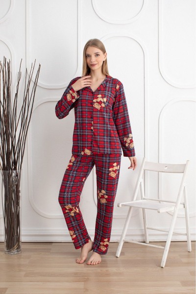 Kadın Mevsimlik Pamuklu Penye Pijama Takımı Önden Düğmeli