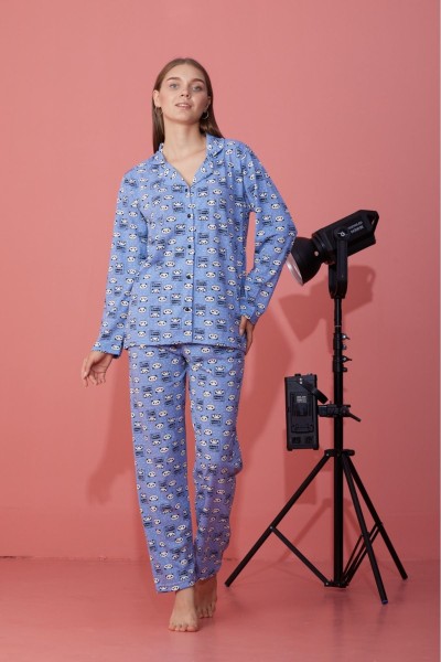 Kadın Mevsimlik Pamuklu Penye Pijama Takımı Önden Düğmeli