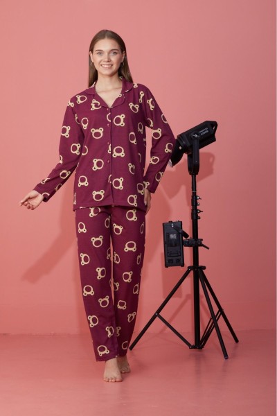 Kadın Mevsimlik Pamuklu Penye Pijama Takımı Önden Düğmeli
