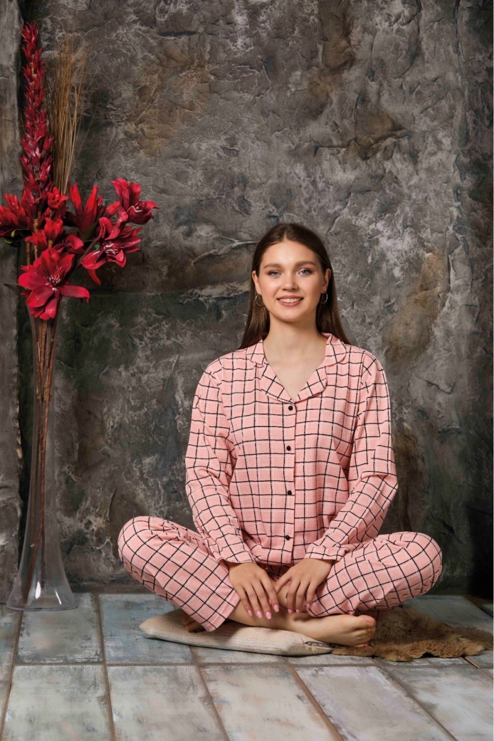 Kadın Mevsimlik Pamuklu Penye Pijama Takımı Önden Düğmeli