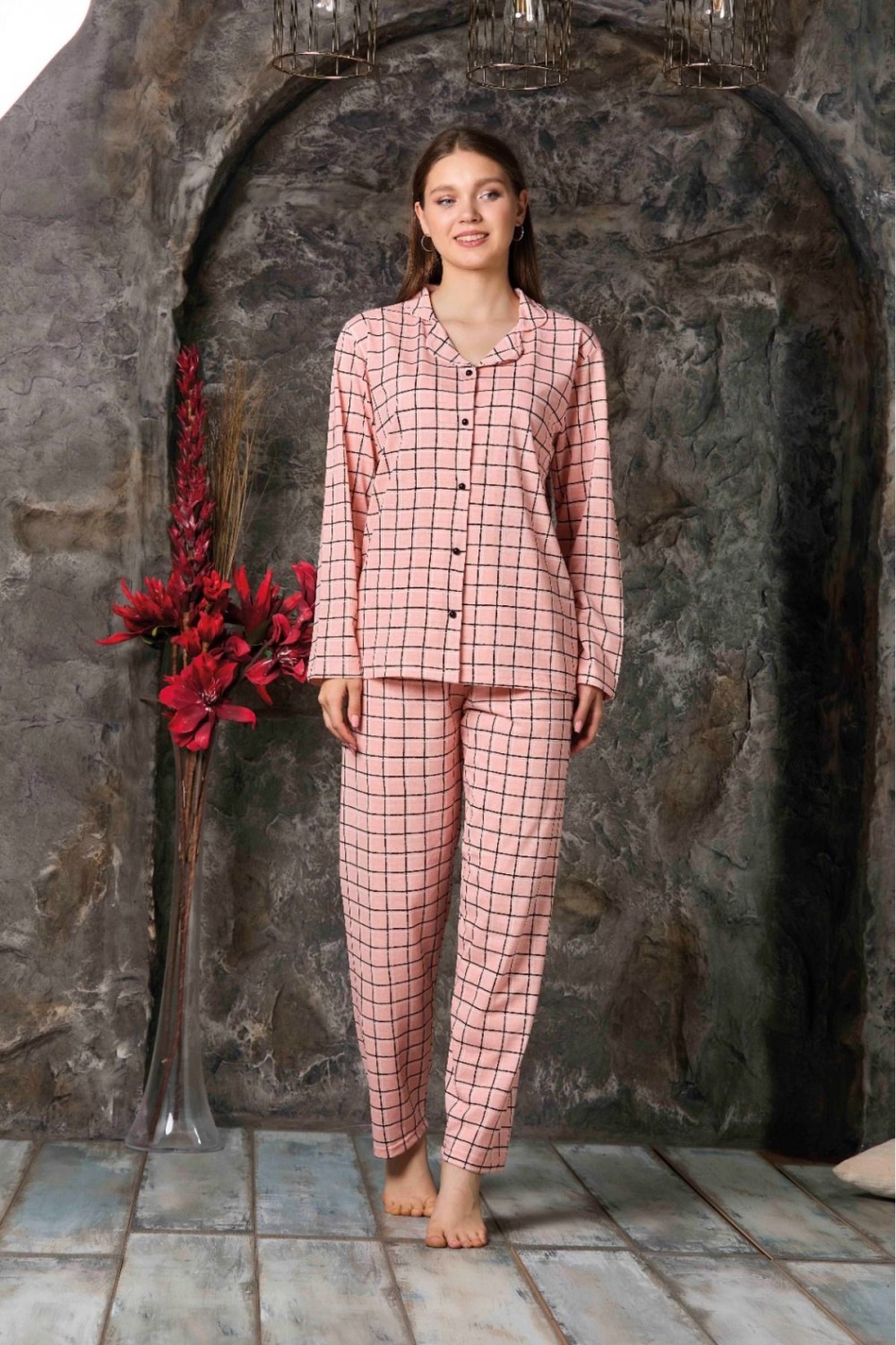 Kadın Mevsimlik Pamuklu Penye Pijama Takımı Önden Düğmeli