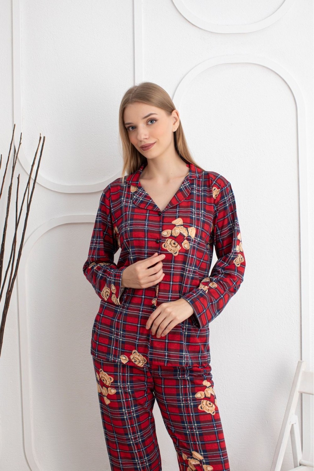 Kadın Mevsimlik Pamuklu Penye Pijama Takımı Önden Düğmeli